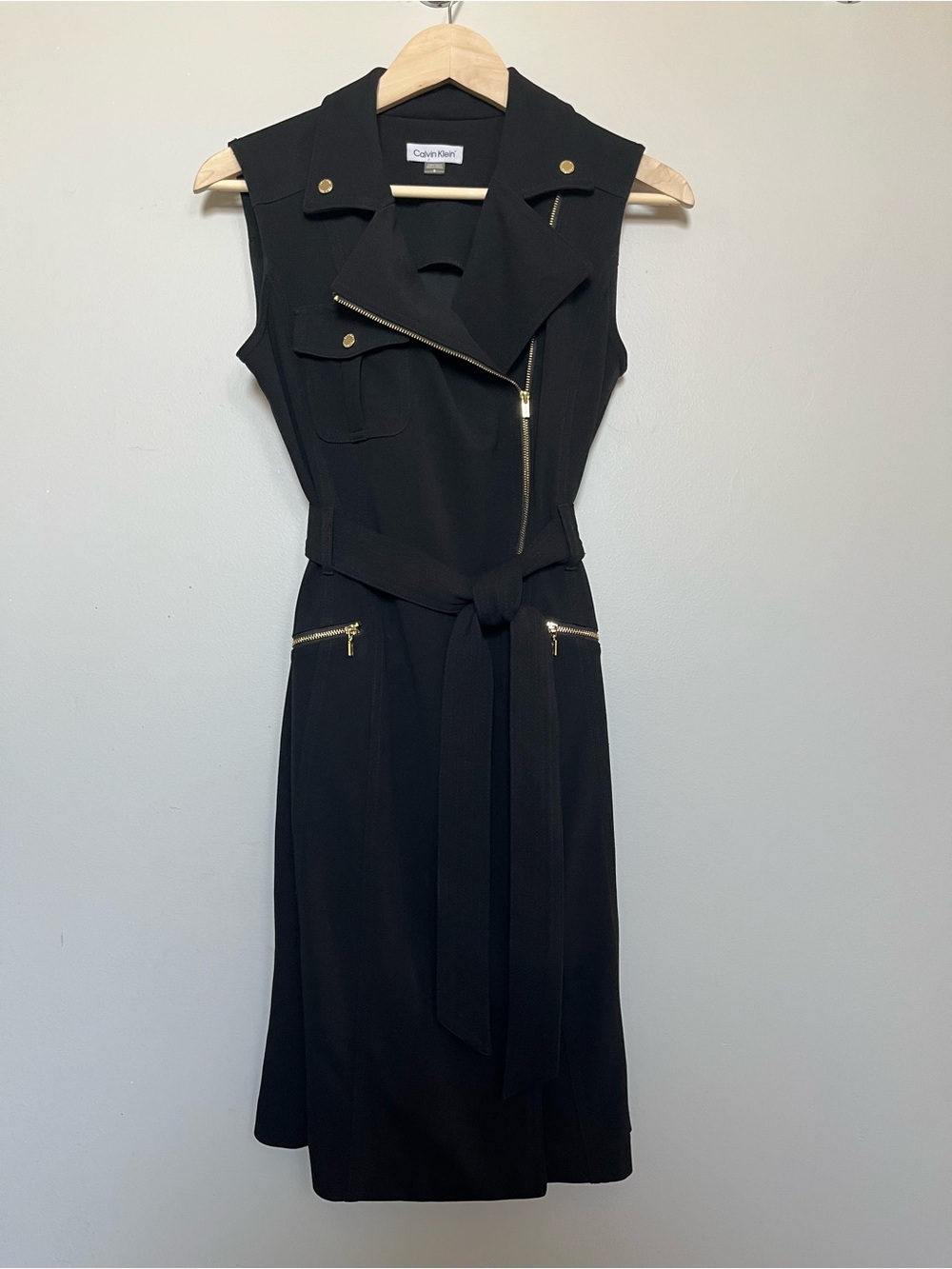 Calvin Klein Black Sleeveless Moto Dress with Gold Zippers and Branded Hardware - Picture 5 of 10